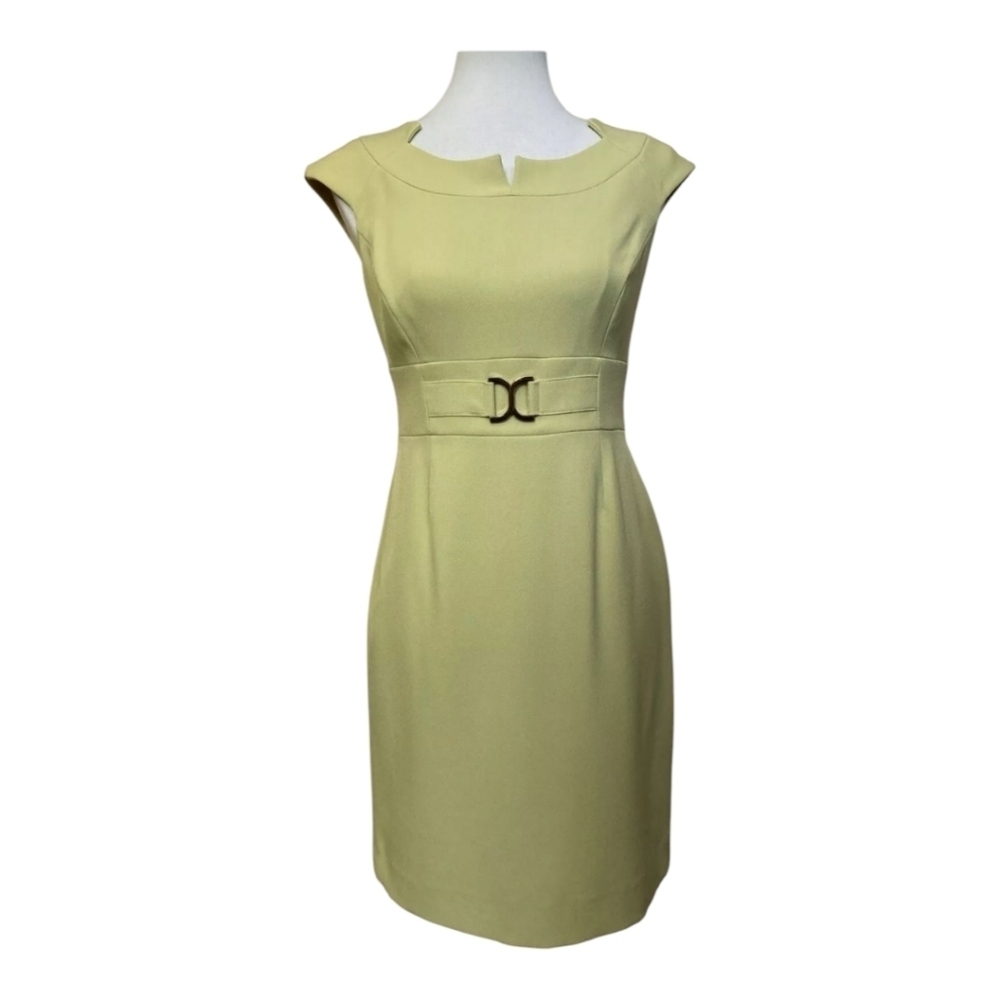 Tahari ASL Chartreuse Belted Sheath Dress Cap Sleeve Knee Length Workwear Sz 12 - Picture 2 of 10